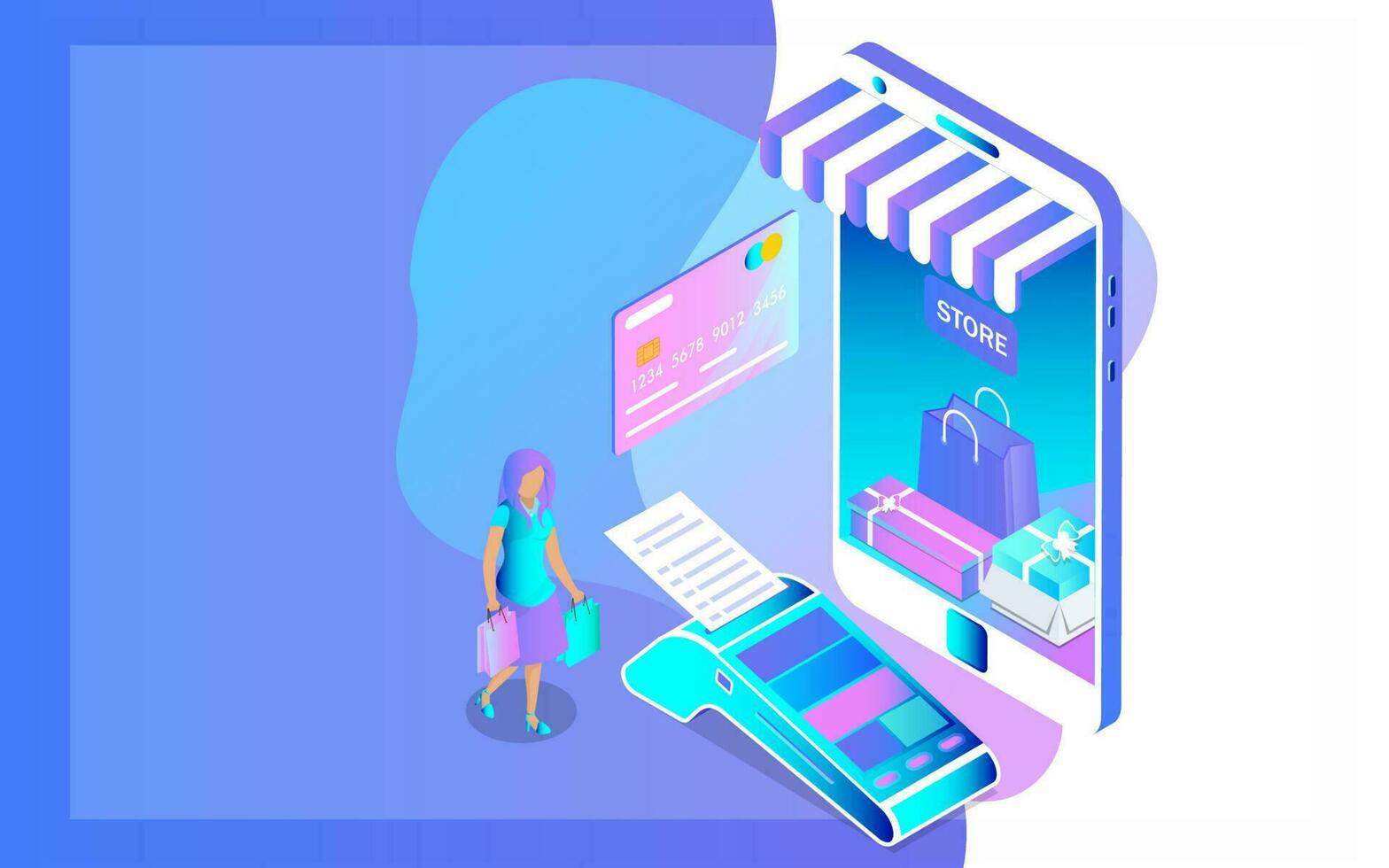 Online shop in smartphone with POS machine and female character for Online shopping or payment concept based isometric design. vector