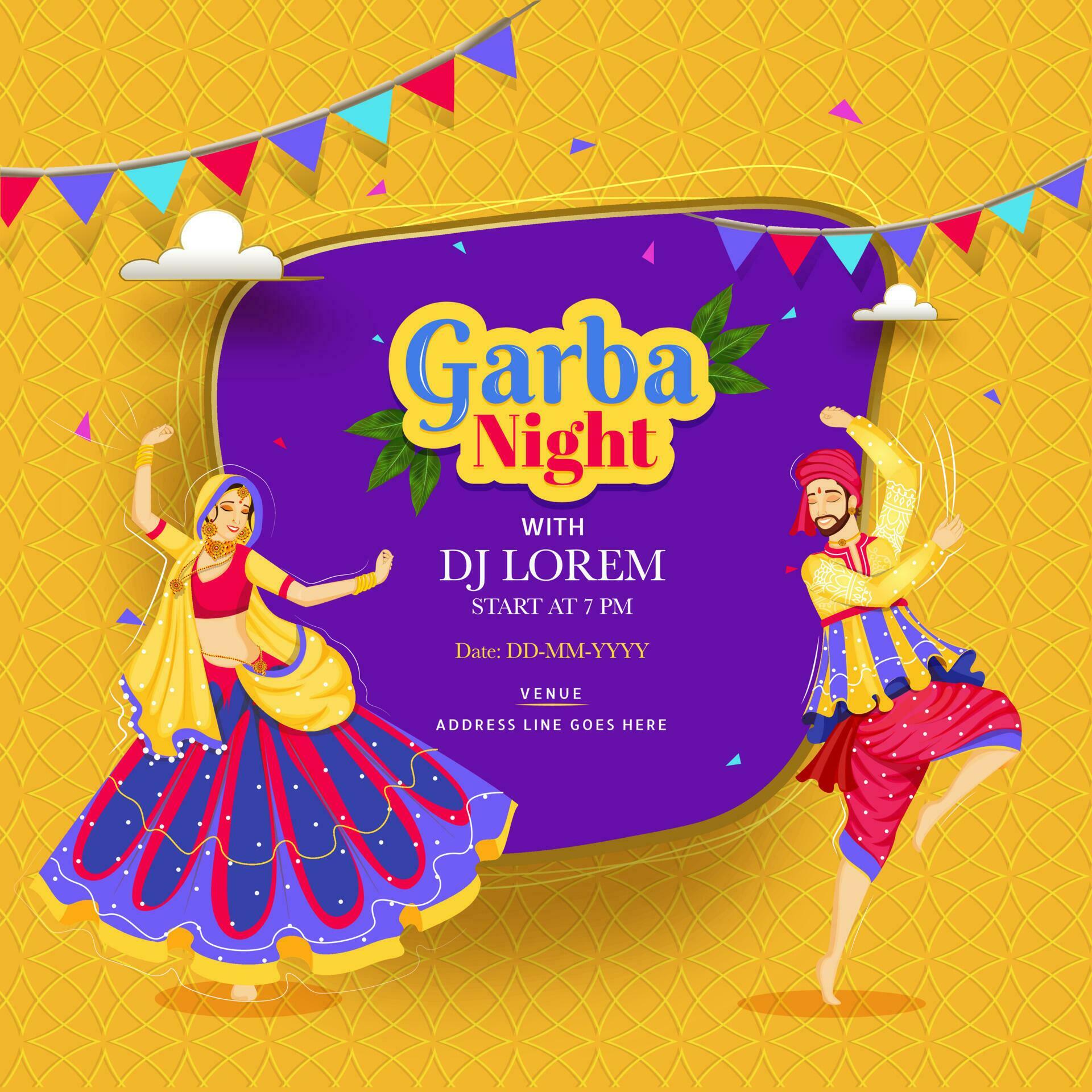 Creative Garba Night poster or invitation card design with couple ...