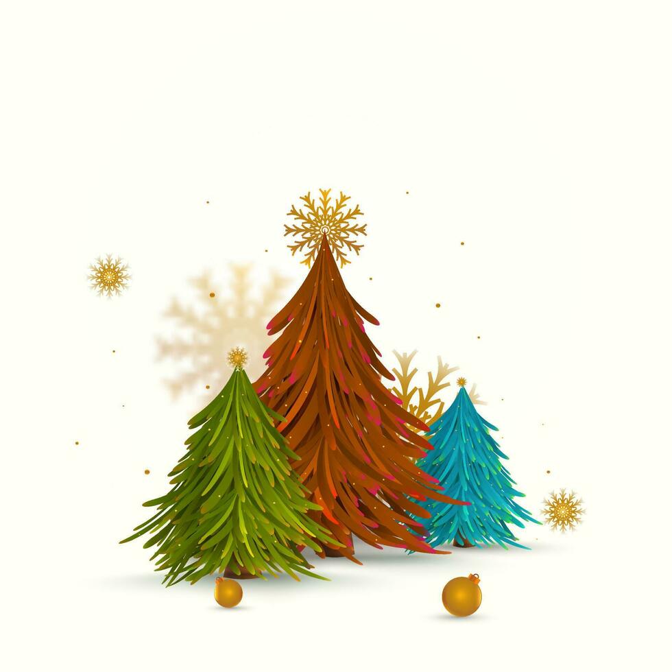 Colorful Xmas Tree With Golden Snowflakes And Baubles On White Background. vector