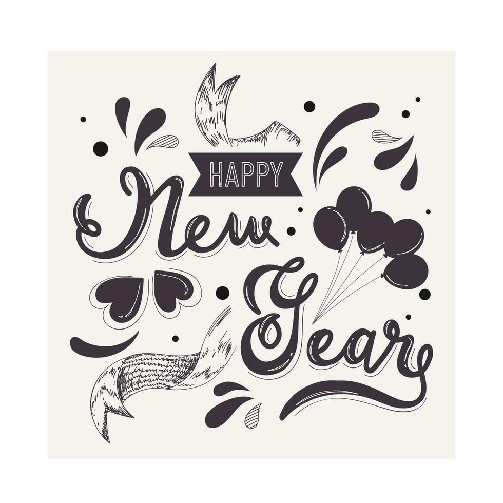 Flat style greeting card design with calligraphy of Happy New Year, hearts and balloons bunch on white background. vector