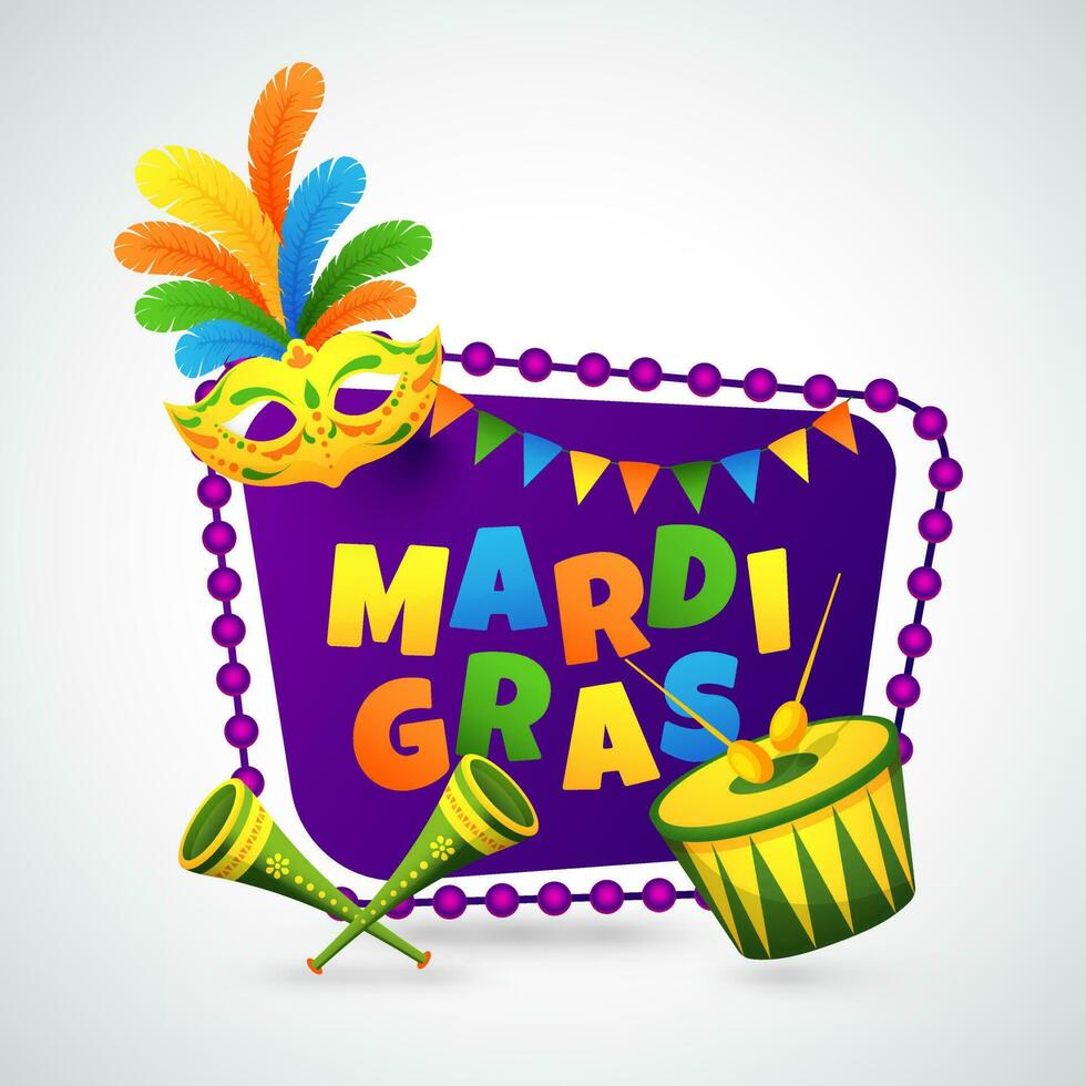 vistoso texto de mardi gras en púrpura marco decorado con verderón banderas, máscara y musical instrumento ilustración en blanco antecedentes. vector