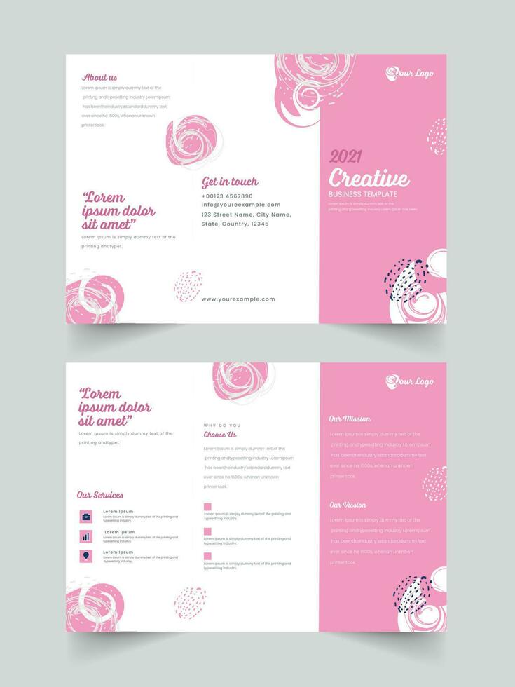 Front And Back View Brochure Template Design In Pink And White Color. vector