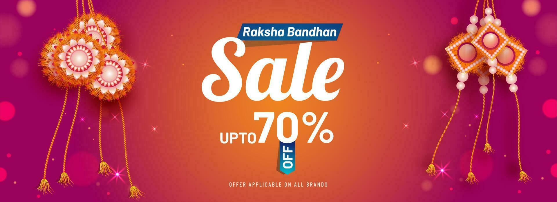 Discount offer for Raksha Bandhan Sale banner with beautiful rakhi wristband on shiny pink blur background. vector