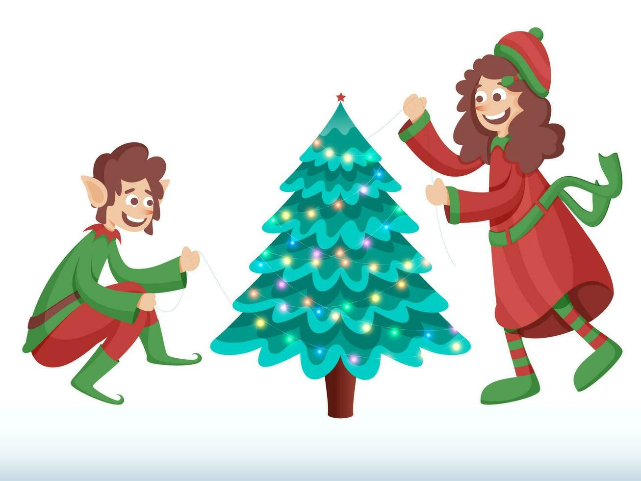 Cheerful Elf And Girl Decorated Xmas Tree From Lighting Garland On White Background. vector