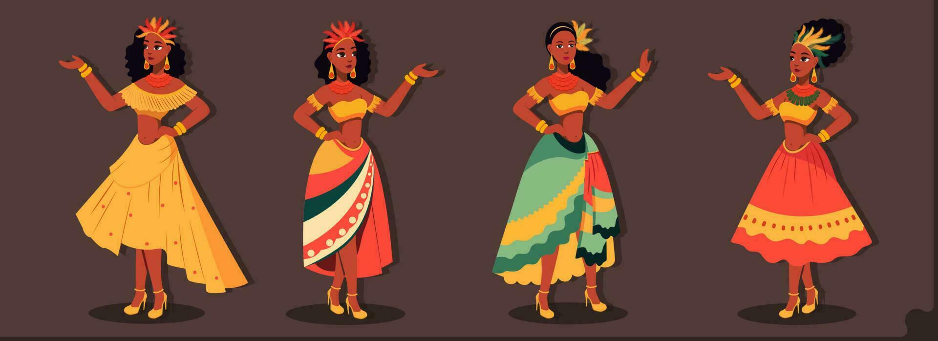 Cute Brazil Carnival Dancers Girls Character Standing in Dancing Pose on Brown Background. vector