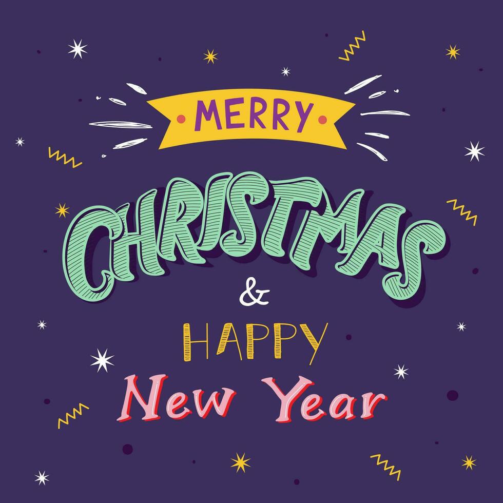Colorful Merry Christmas Happy New Year Text with Stars on Purple Background. vector