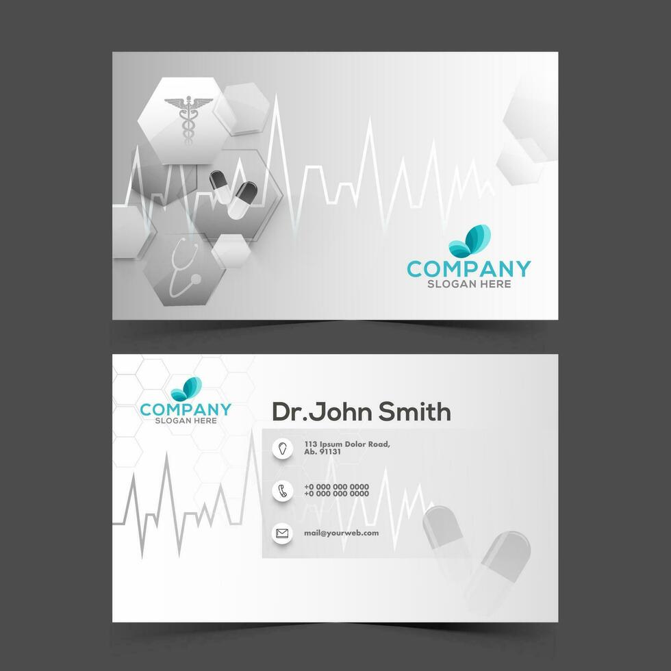 Healthcare company card or horizontal template design in front and back view. vector