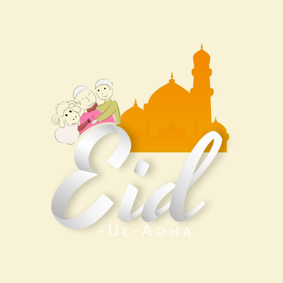 Eid-Ul-Adha Font with Muslim Boy and Sheep Hugging To a Man on Yellow Arabic Pattern Background. vector