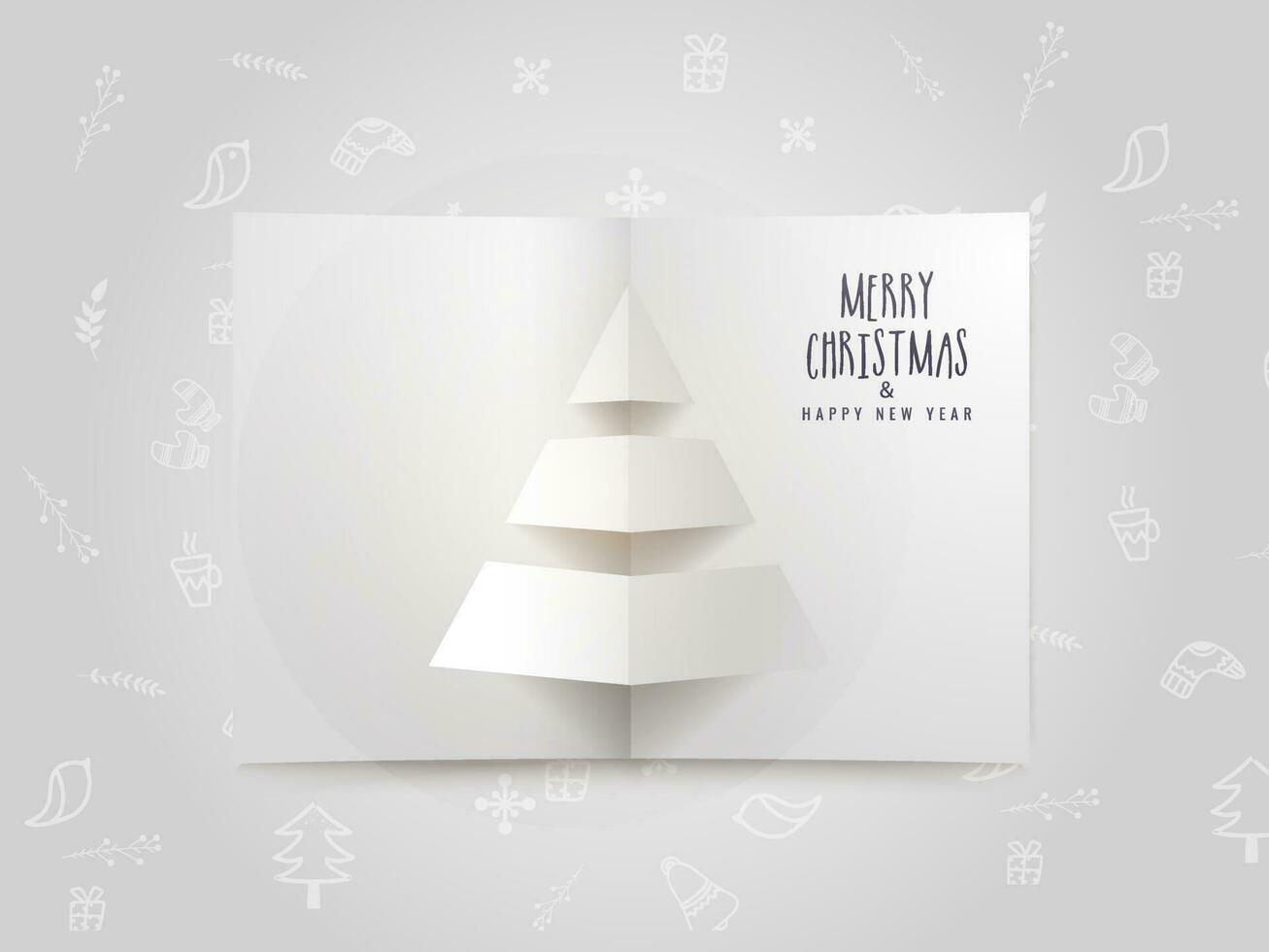 alegre Navidad y contento nuevo año celebracion saludo tarjeta diseño con papel cortar Navidad árbol en blanco Navidad festival elementos modelo antecedentes. vector