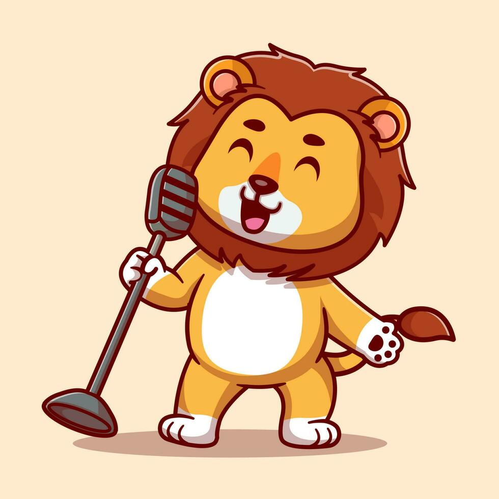Cute lion singing cartoon vector icon illustration. animal music icon concept isolated.