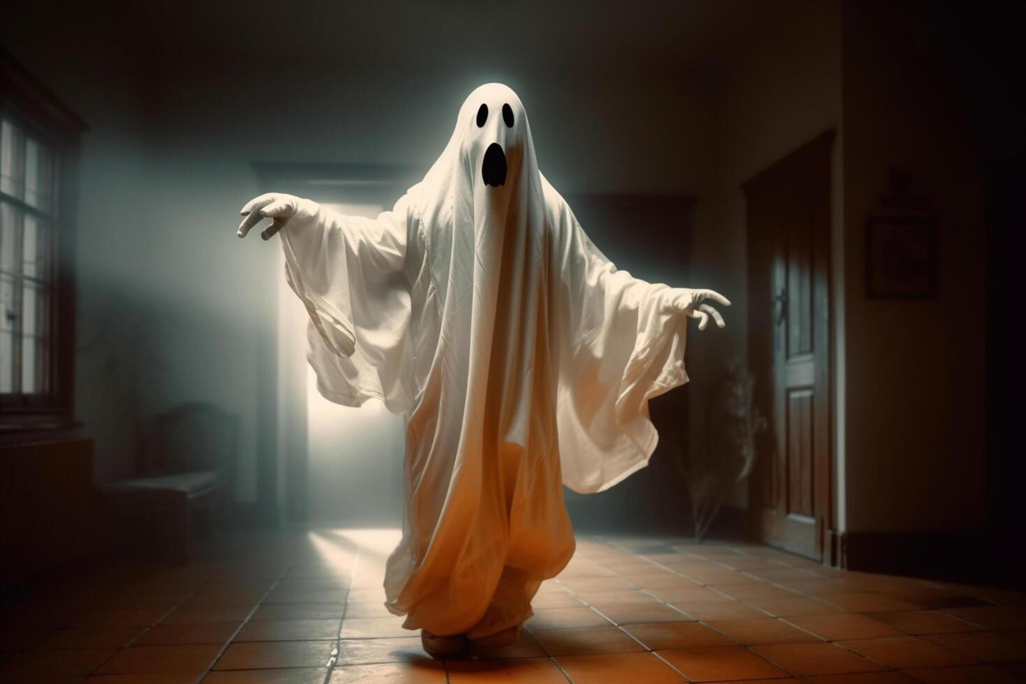 Human in spooky ghosts costume flying inside the old house or forest at night. Spooky halloween background with ghost. Ghost on halloween celebration concept by photo