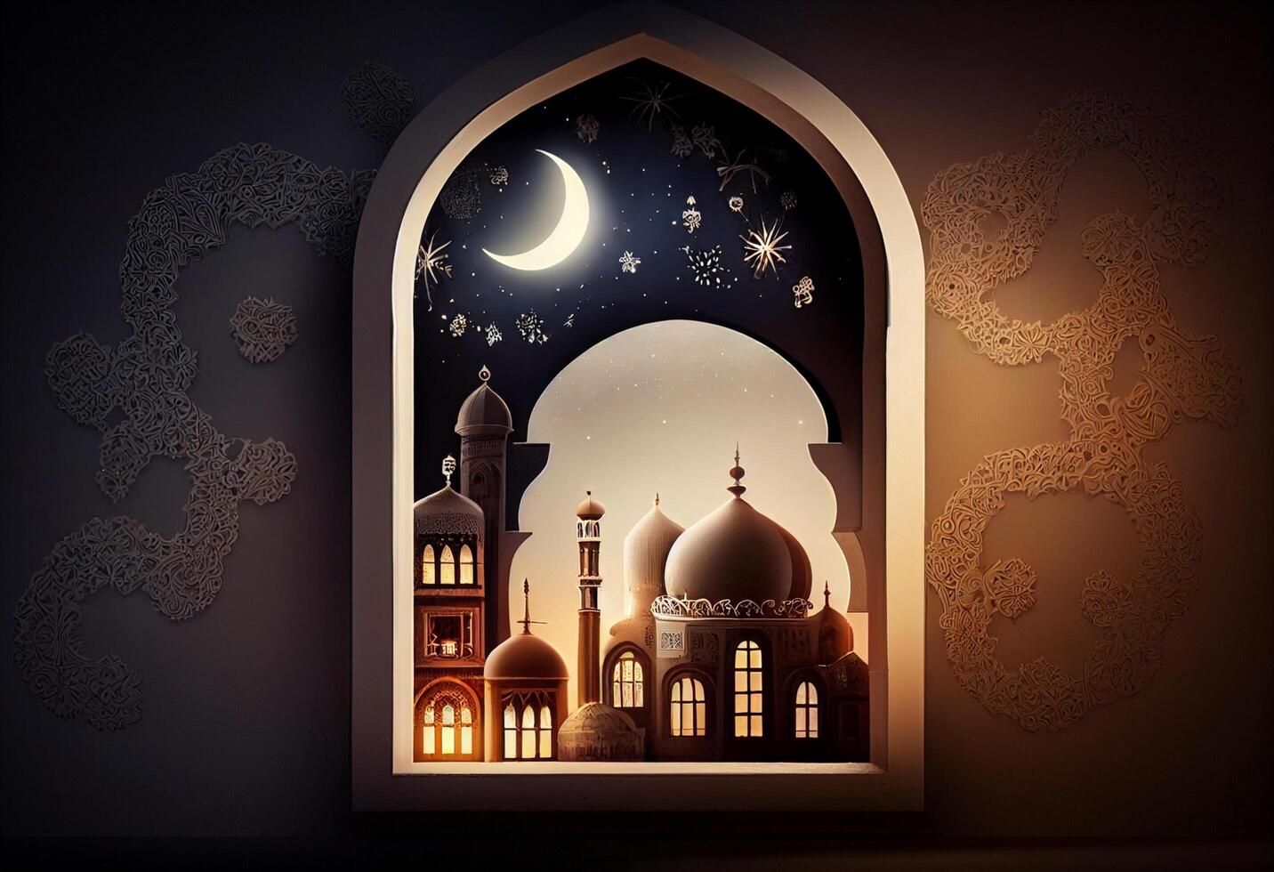 A windows depicts an islamic mosque at night with moon and lentern. In style of islamic city. Arched doorways. Eid al fitr background of window. Ramadan islamic lantern on a table by photo