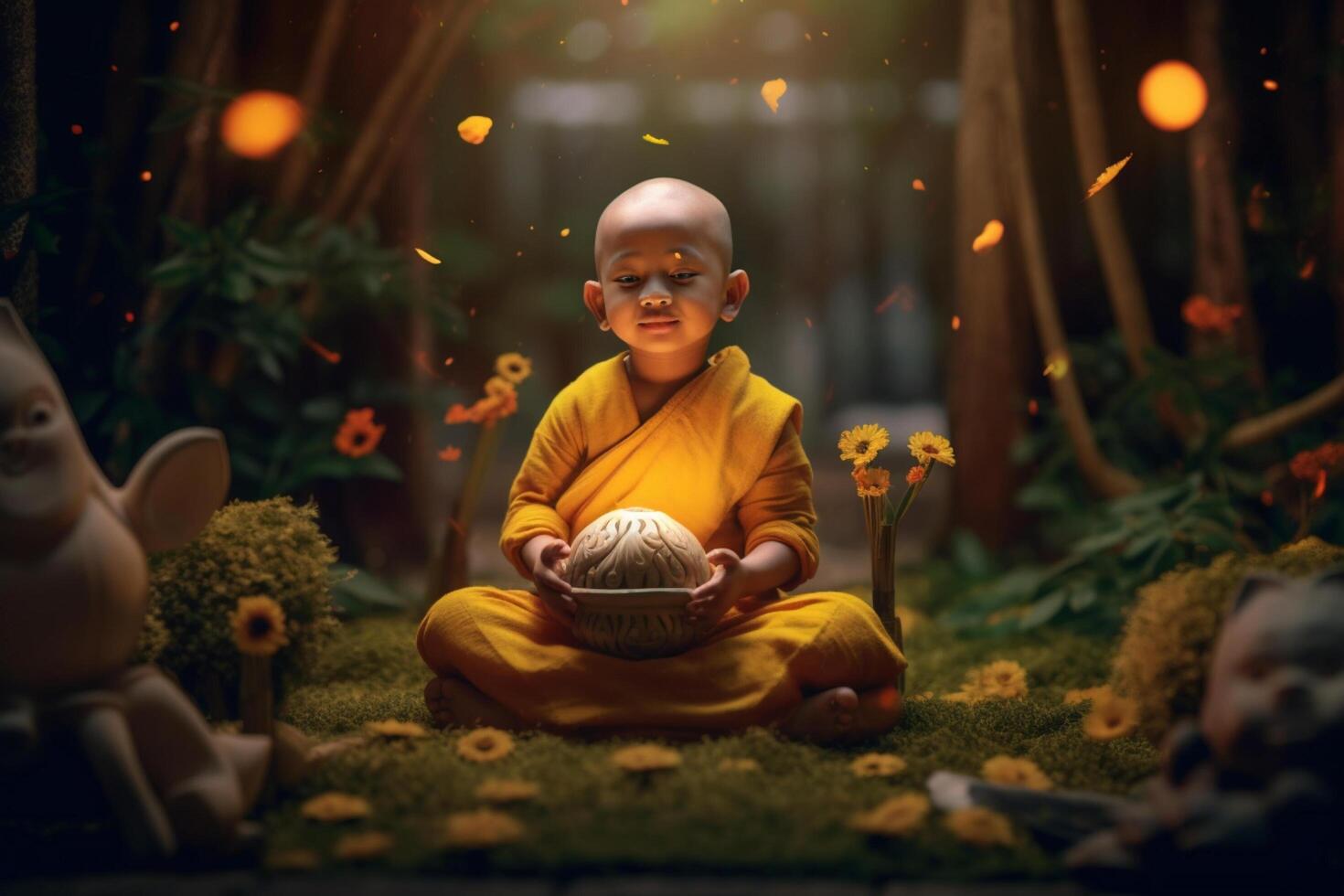 A young buddha sits in a garden with a lotus and candles. Background for vesak festival celebration. Vesak day concept. Vesak celebration day greetings by photo