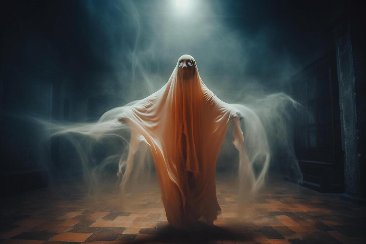 Human in spooky ghosts costume flying inside the old house or forest at night. Spooky halloween background with ghost. Ghost on halloween celebration concept by photo