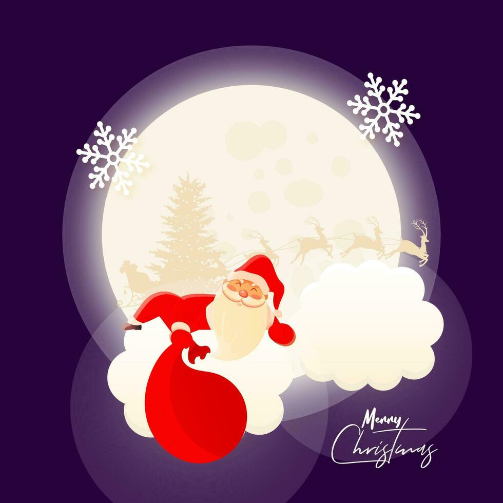 Merry Christmas celebration greeting card design with illustration of santa claus holding a bag on full moonlight purple background vector