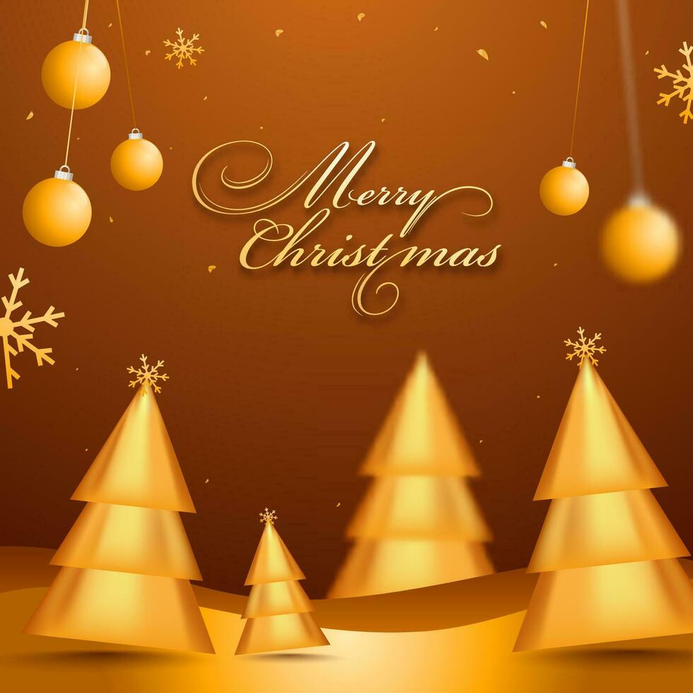 Merry Christmas Font with 3D Golden Glossy Xmas Trees, Snowflakes and Hanging Baubles on Brown Background. vector