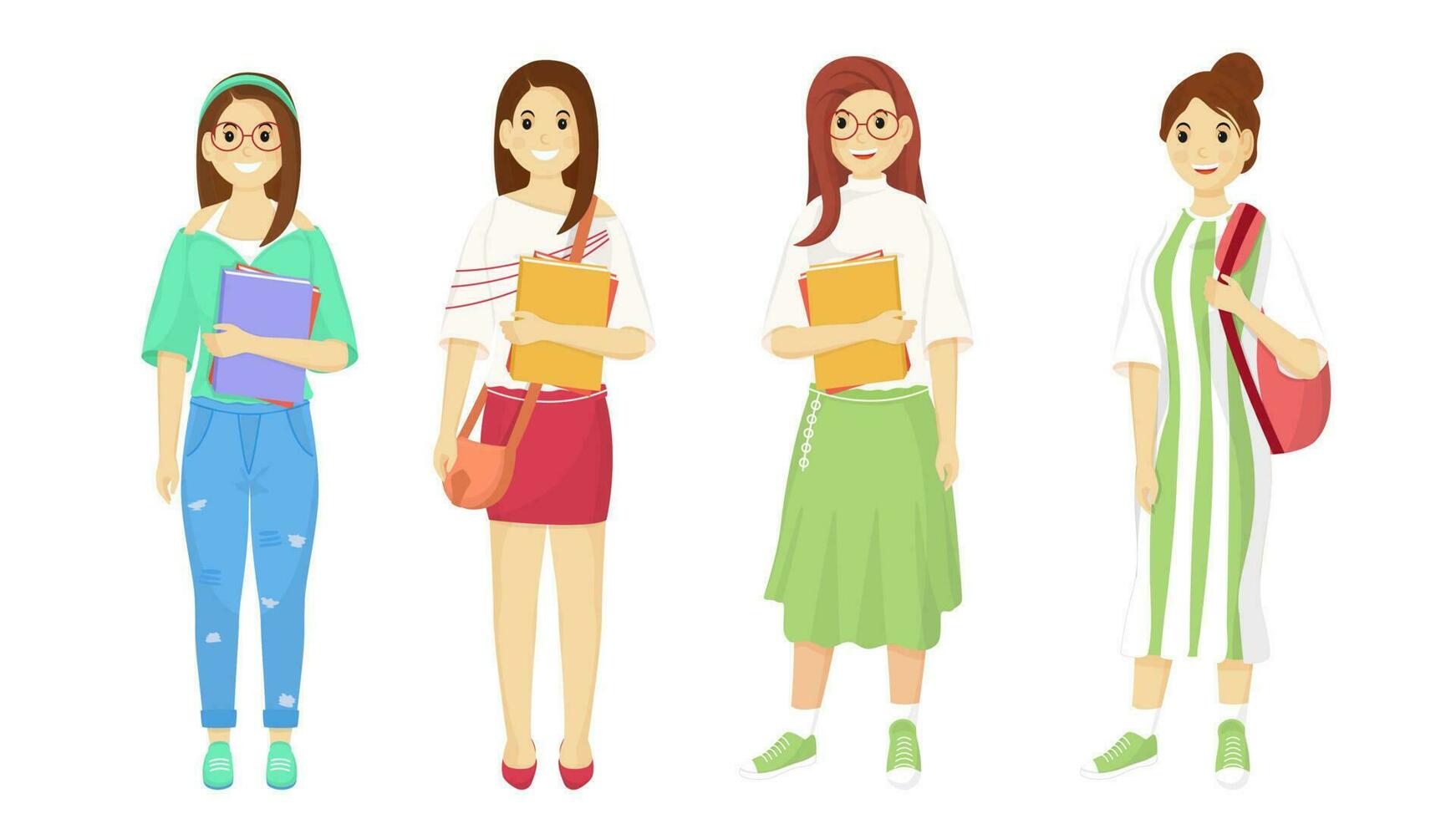 Fashionable girls character going to college concept. Elements on white background. vector