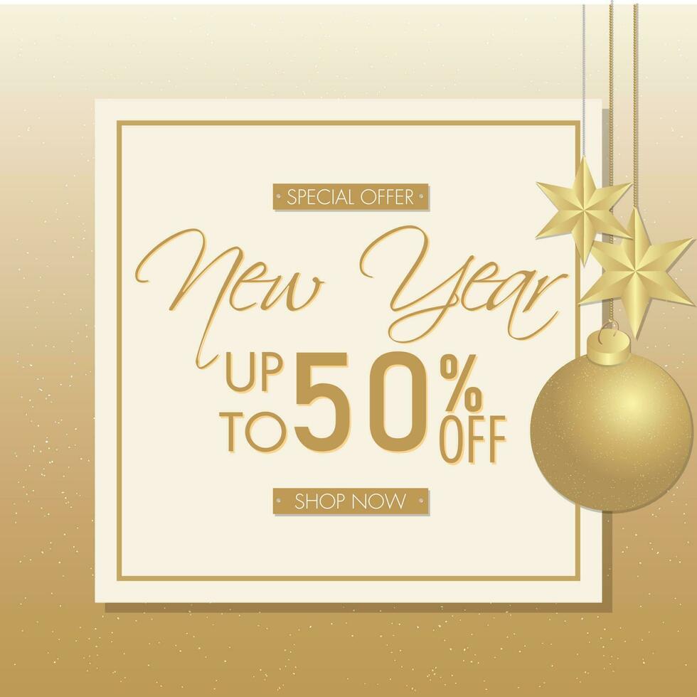 New Year Special Offer, Advertising poster design decorated with golden hanging bauble ball and stars. vector