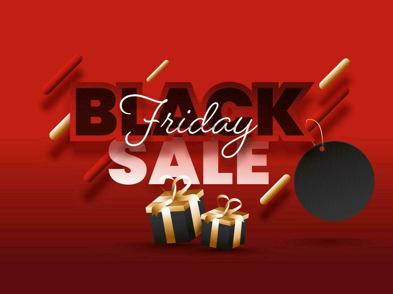 Black Friday Sale Poster Design with Empty Label or Tag and Realistic Gift Boxes on Red Background. vector