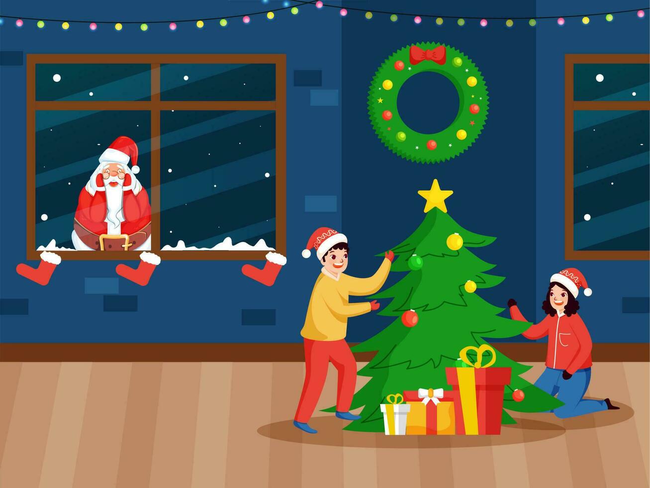 Santa Claus Peeking From Window And Happy Kids Decorated Xmas Tree In Home On The Occasion Of Merry Christmas. vector