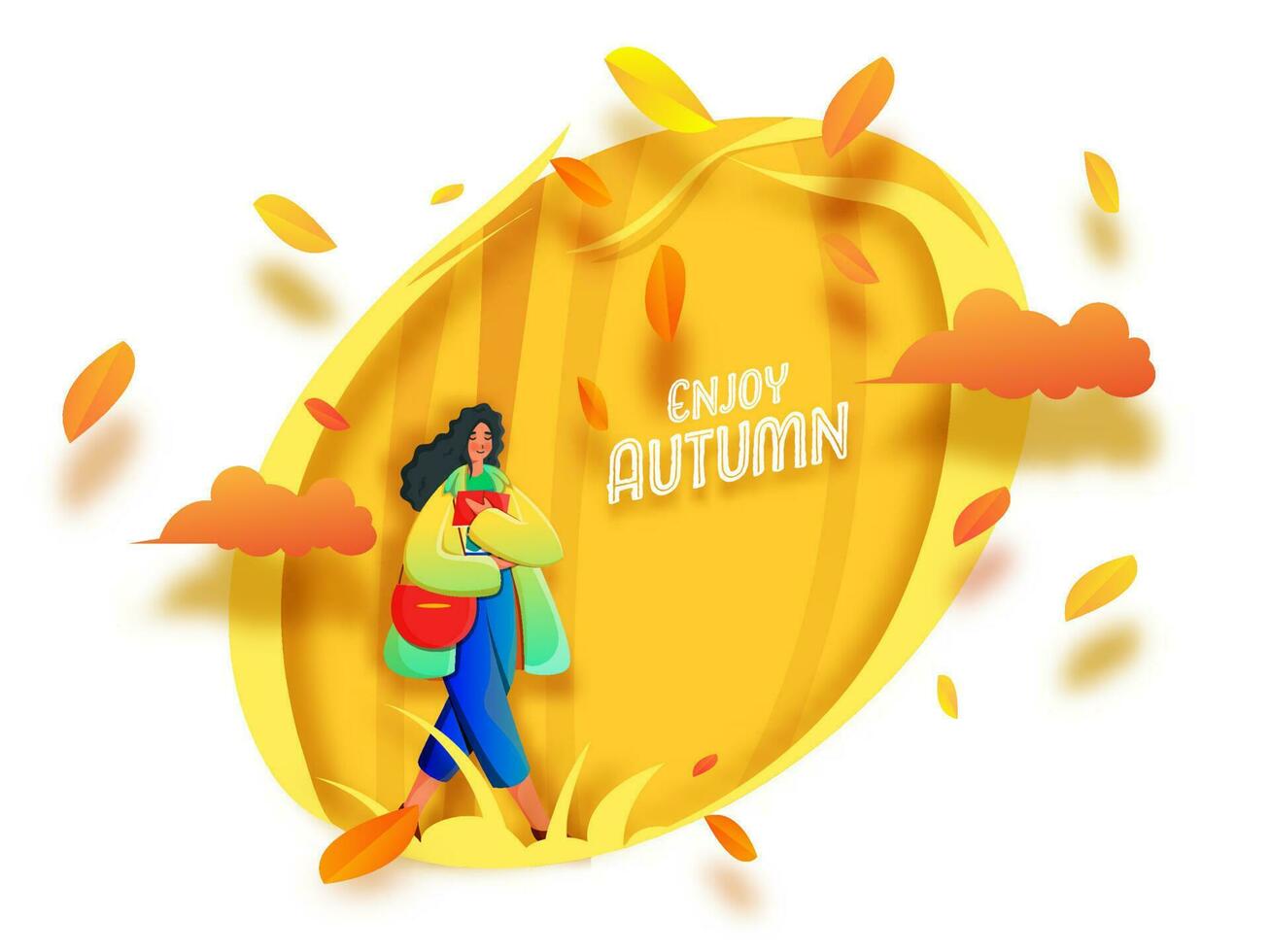 disfrutar otoño fuente con joven niña participación libro, lado bolso y papel hojas decorado en amarillo y blanco antecedentes. vector
