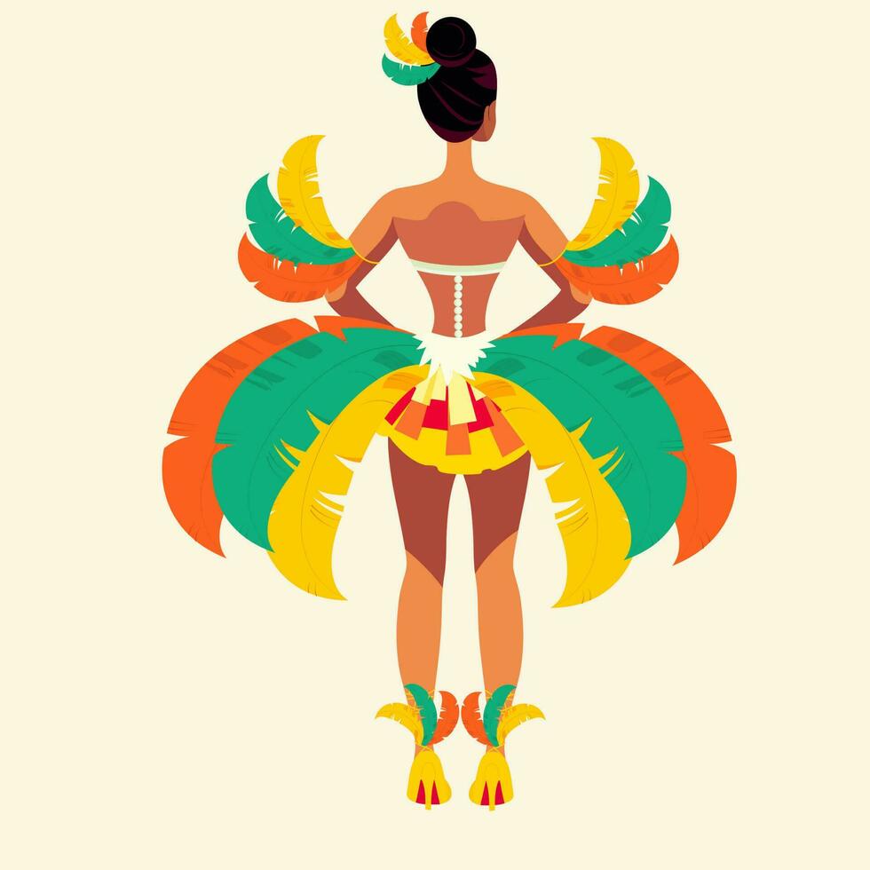 Rear View of Feather Headdress Wearing Brazilian Female Character In Standing Pose on Pale Yellow Background. Carnival Or Samba Dance Concept. vector