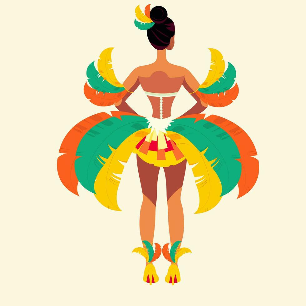 posterior ver de pluma tocado vistiendo brasileño hembra personaje en en pie actitud en pálido amarillo antecedentes. carnaval o samba danza concepto. vector