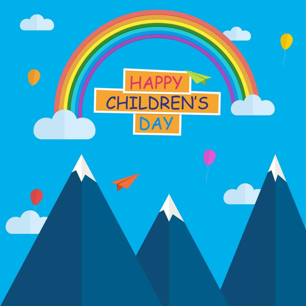 Paper cut style mountains with balloons, paper plane and rainbow on blue clouds background for Happy Children's Day celebration. vector