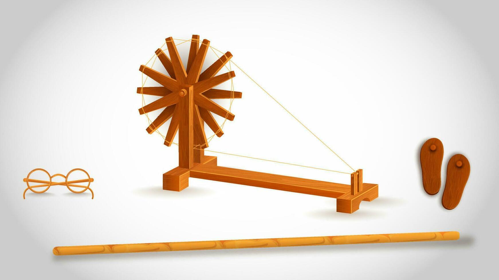 Gandhi's tool like as wooden stick with spinning wheel, eyeglasses. vector