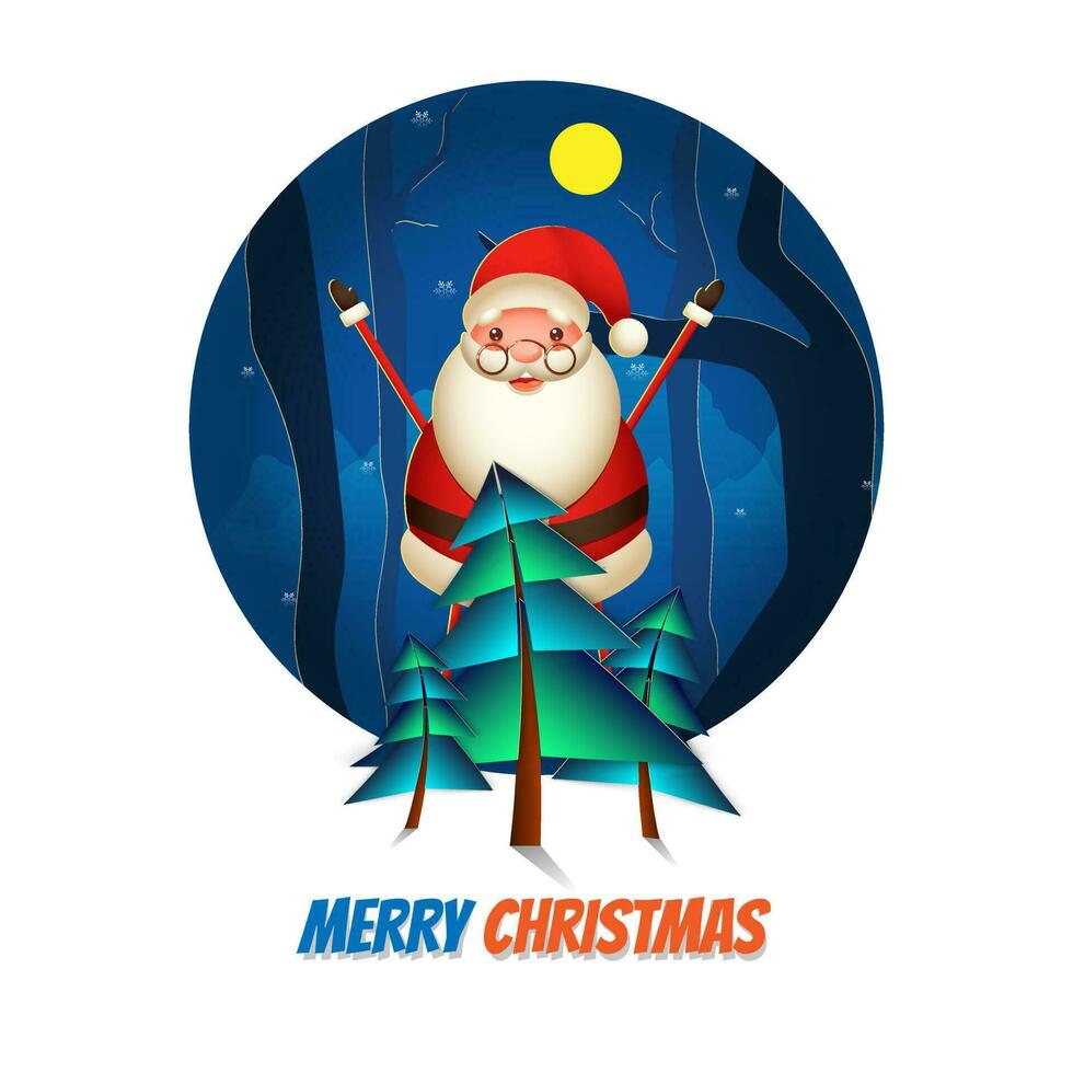 Cheerful santa claus raising hands up with paper cut xmas tree on full moon nature view background for Merry Christmas celebration. vector