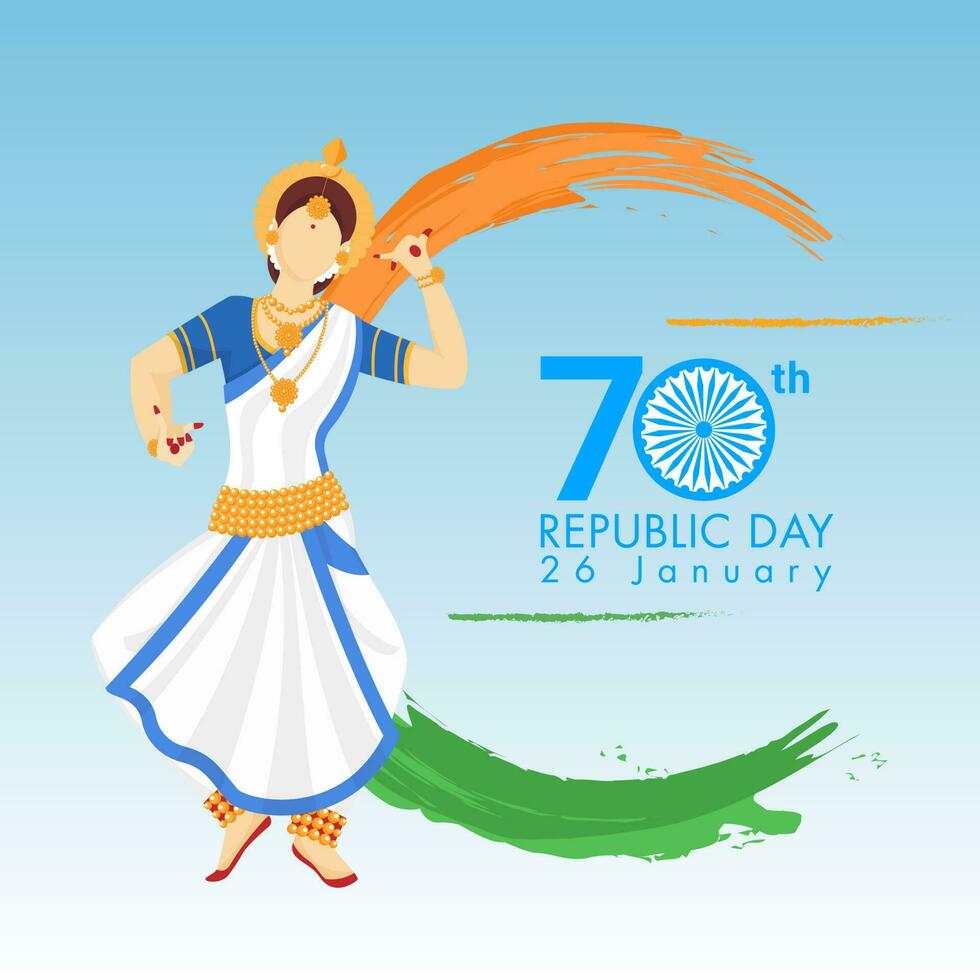 sin rostro mujer personaje haciendo clásico danza con azafrán y verde cepillo carrera efecto para 70 república día, 26 enero celebracion. vector
