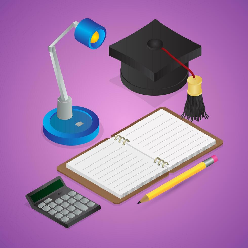 3d hacer de abierto libro con graduación gorra, mesa lámpara, calculadora y lápiz en púrpura antecedentes. vector