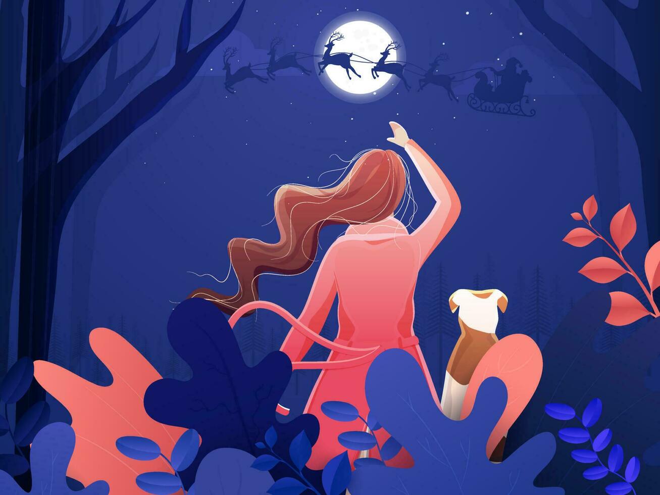 Back View of Young Lady with Dog looking at Santa Claus Riding Reindeer Sleigh on Beautiful Forest Moon Night purple Background. vector