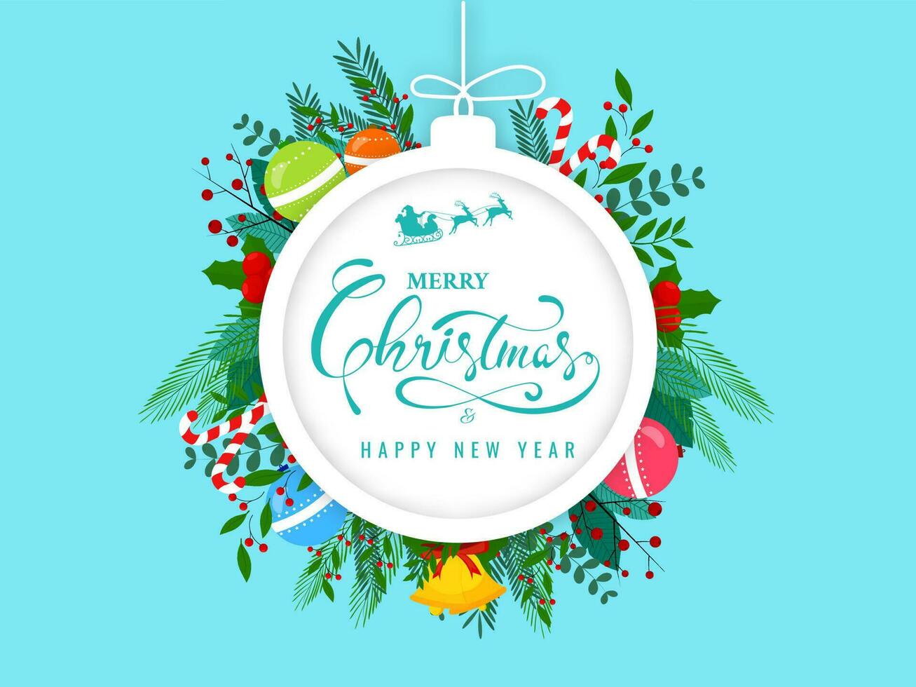 Merry Christmas Happy New Year text in bauble shape frame decorated with jingle bell, balls, candy cane, holly berry, leaves and berry branch on blue background. vector