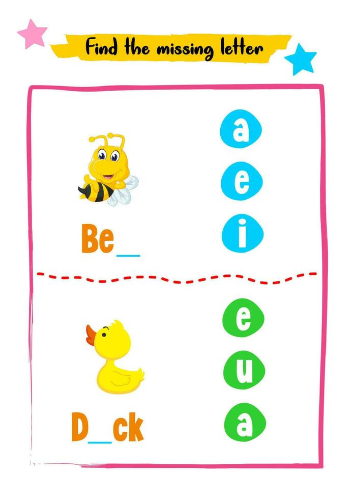 Find missing letters for kids activity vector