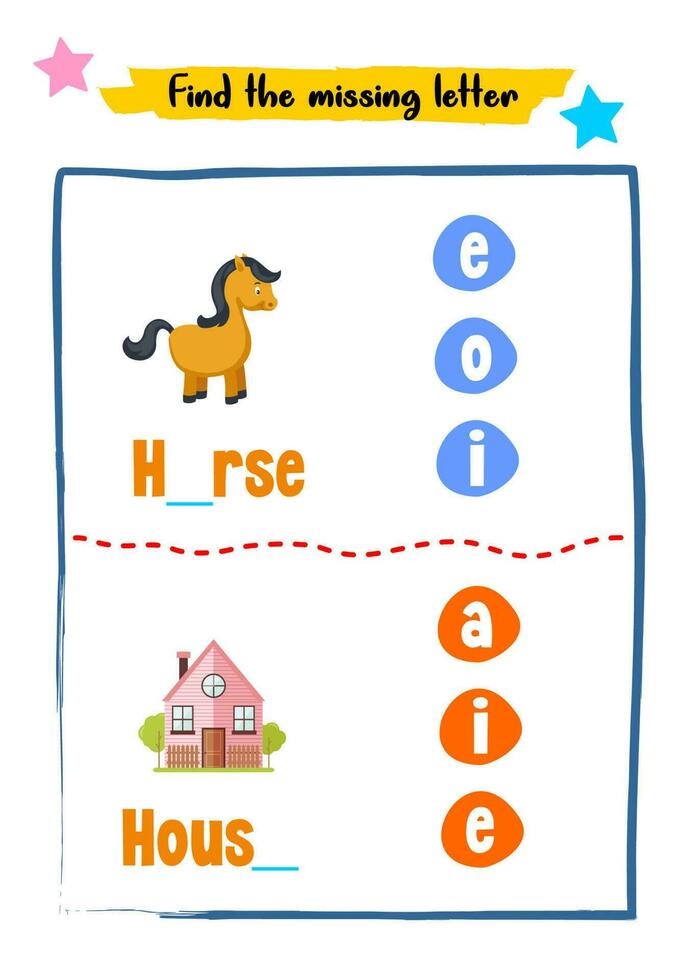Find missing letters for kids activity vector