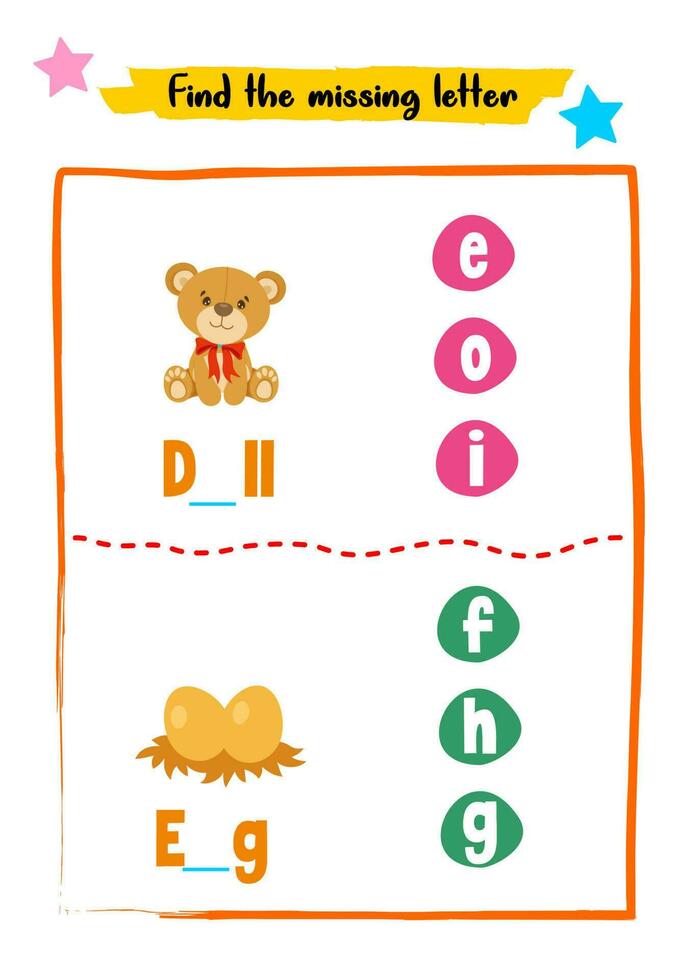 Find missing letters for kids activity vector