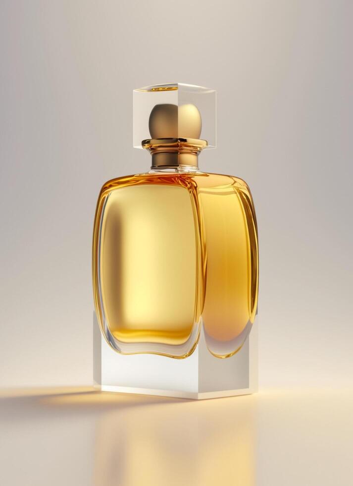 A high class bottle of glass perfume with yellow liquid. Aromatic perfume bottles on white background. For beauty product, cosmetic, perfume day, fragrance day or perfume launch event by photo