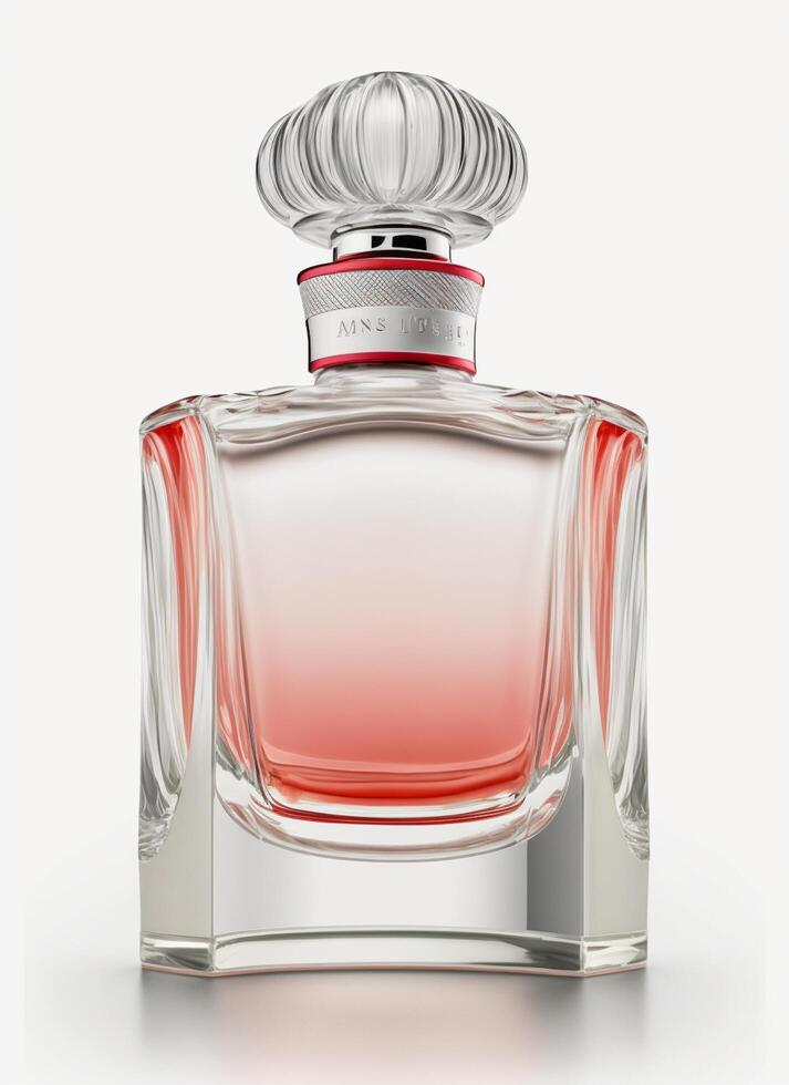 A high class bottle of glass perfume with light red liquid. Aromatic perfume bottles on white background. Beauty product, cosmetic, perfume day, fragrance day or perfume launch event by photo