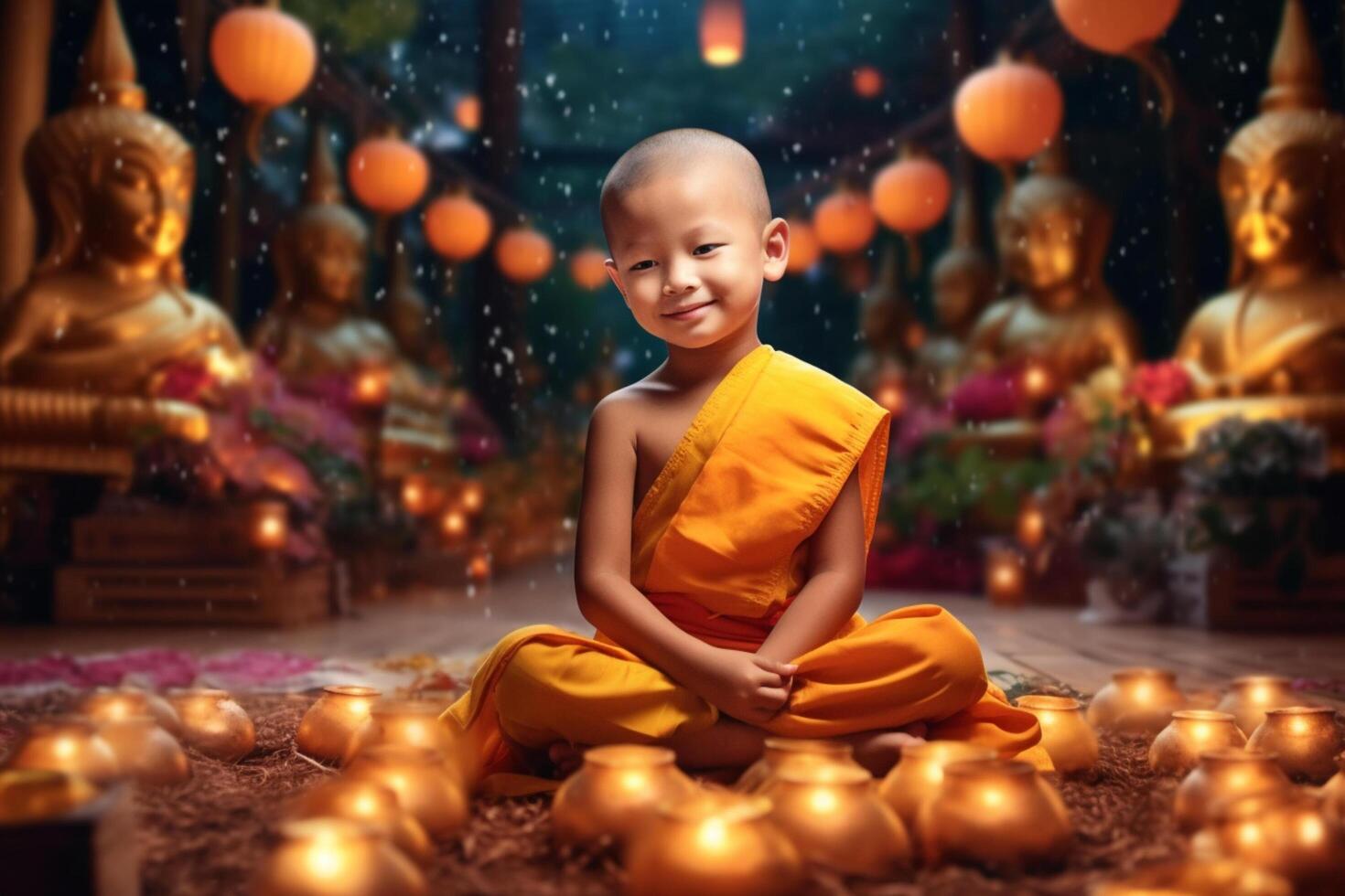 A young buddha sits in a garden with a lotus and candles. Background for vesak festival celebration. Vesak day concept. Vesak celebration day greetings by photo