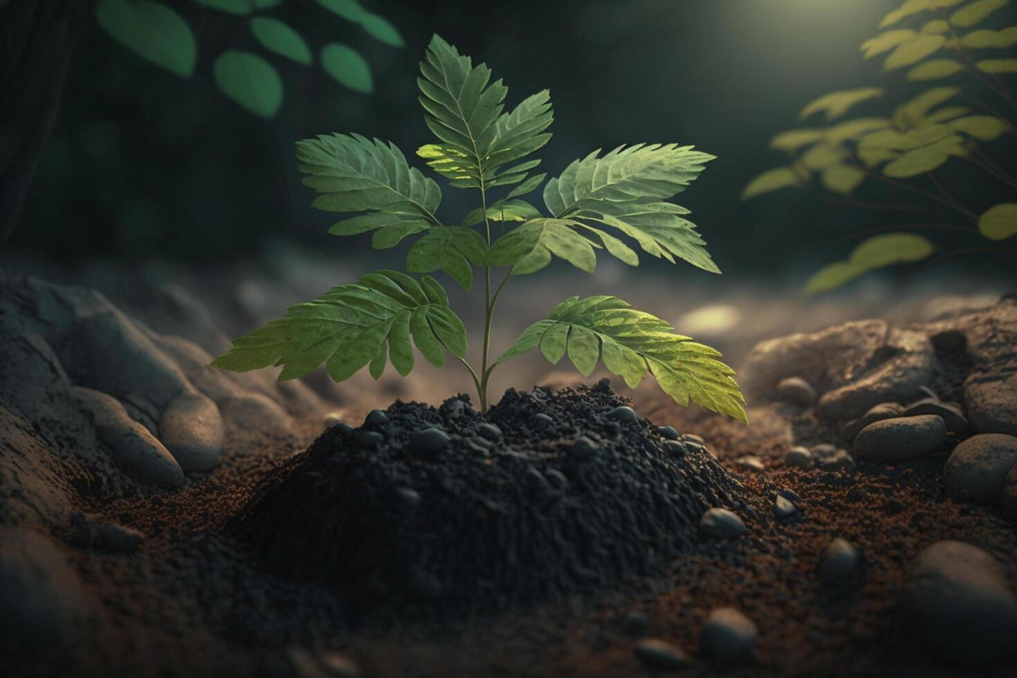 Plant growing in farm ground or forest with sunlight at daytime. Young plant is growing. World earth day. World environment day. Earth conservation, ecology or global warming by photo