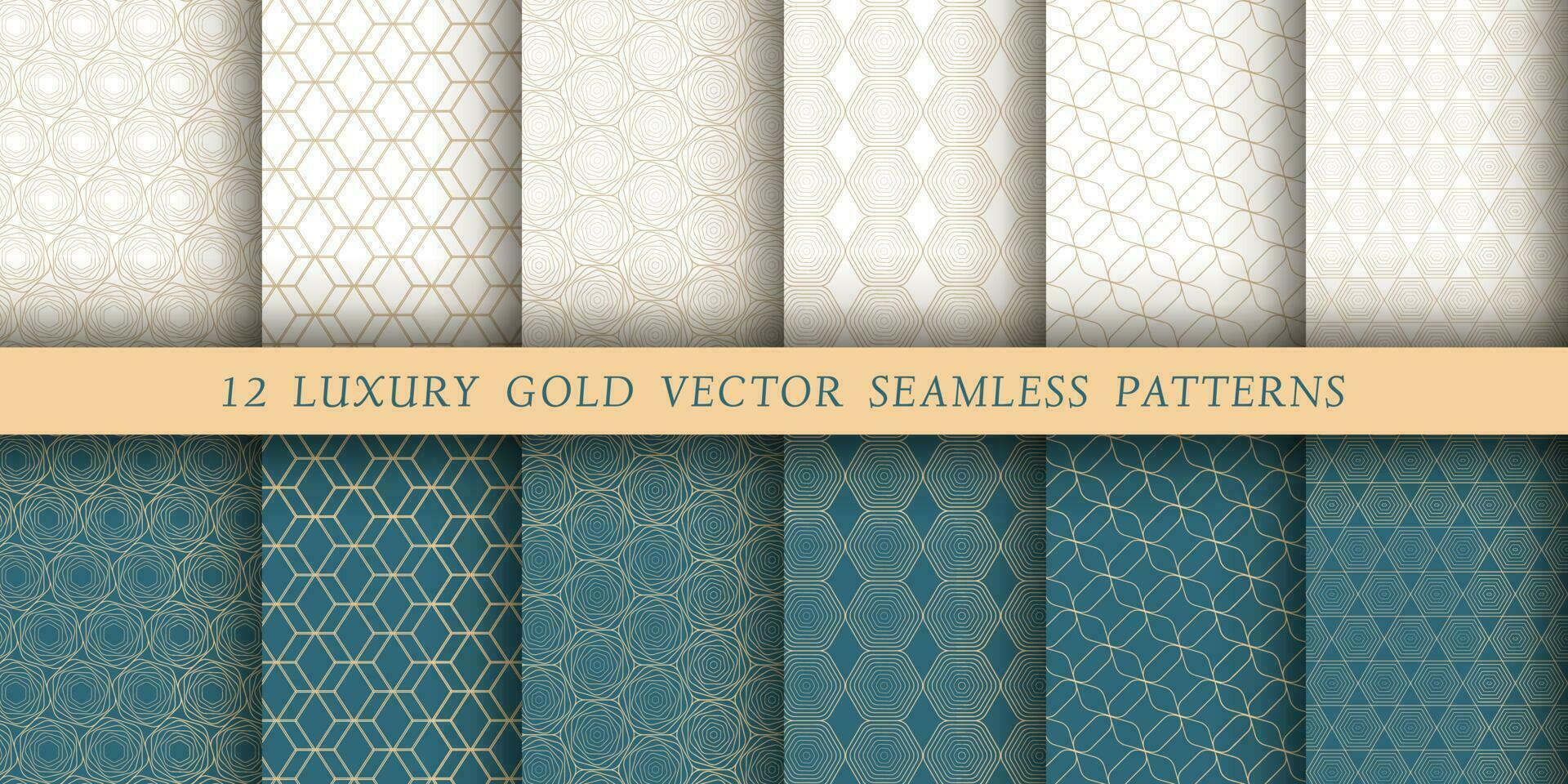 Set of 12 luxurious vector seamless patterns. Geometrical patterns on a white and emerald background. Modern illustrations for wallpapers, flyers, covers, banners, minimalistic ornaments, backgrounds.