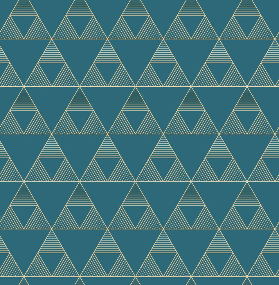 Golden geometric vector seamless patterns. Golden lines, triangles and rhombuses on an emerald green background. Modern illustrations for wallpapers, flyers, covers, banners, minimalistic decorations