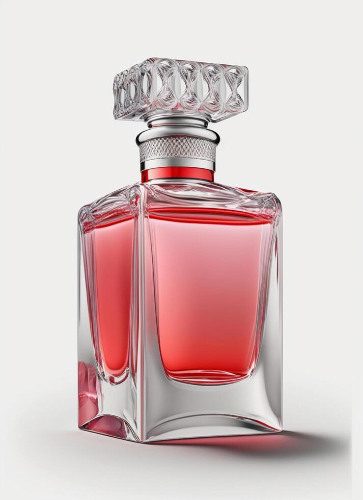 A high class bottle of glass perfume with light red liquid. Aromatic perfume bottles on white background. Beauty product, cosmetic, perfume day, fragrance day or perfume launch event by photo