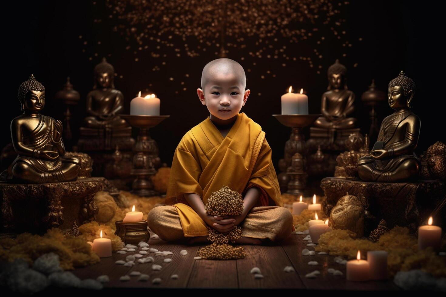 A young buddha sits in a garden with a lotus and candles. Background for vesak festival celebration. Vesak day concept. Vesak celebration day greetings by photo