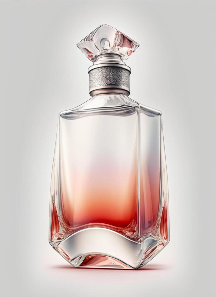 A high class bottle of glass perfume with light red liquid. Aromatic perfume bottles on white background. Beauty product, cosmetic, perfume day, fragrance day or perfume launch event by photo
