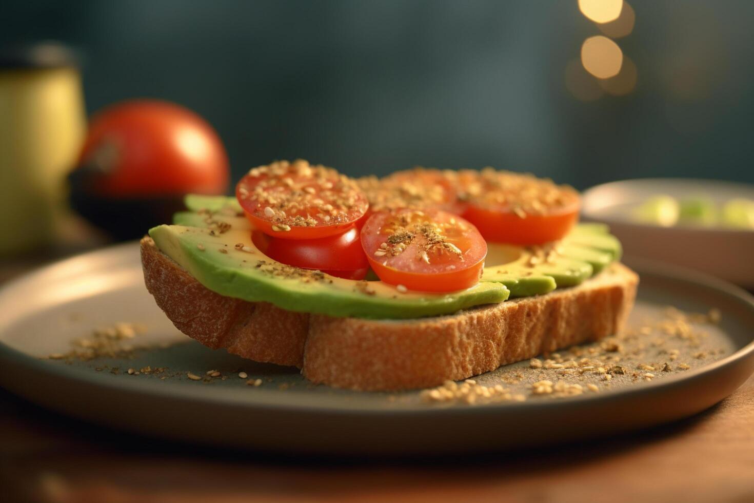 aguacate y tomate brindis con Fresco hierbas y especias ai generado foto