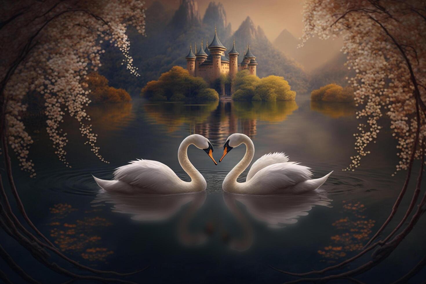 Two Swans Forming a Heart on a Chinese Lake with an Enchanting Island in the Background photo