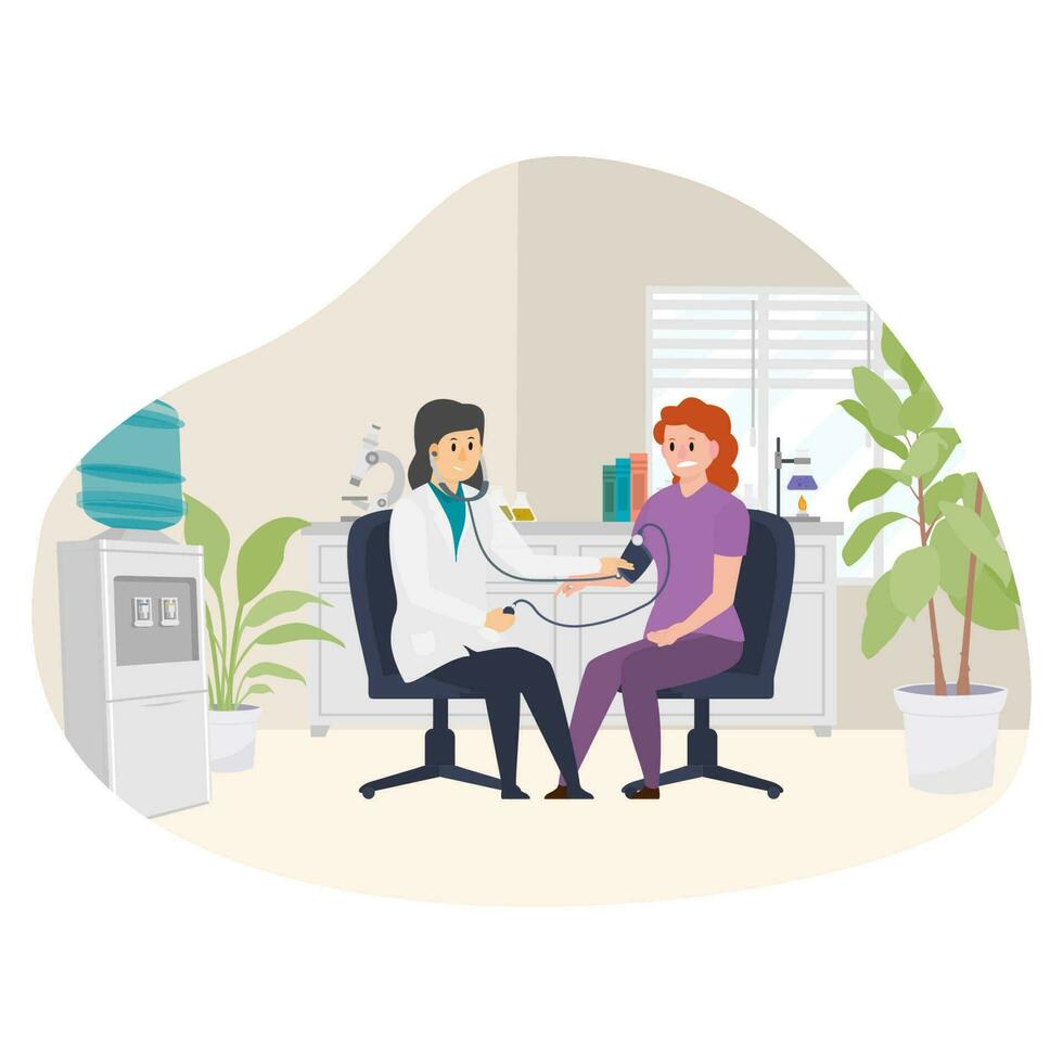 Medical checkup of blood pressure and health examination.Vector concept illustration of a girl and doctor sitting checkup of blood pressure in the room. vector