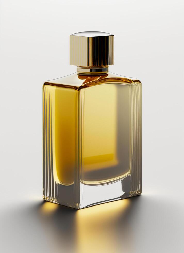 A high class bottle of glass perfume with yellow liquid. Aromatic perfume bottles on white background. For beauty product, cosmetic, perfume day, fragrance day or perfume launch event by photo